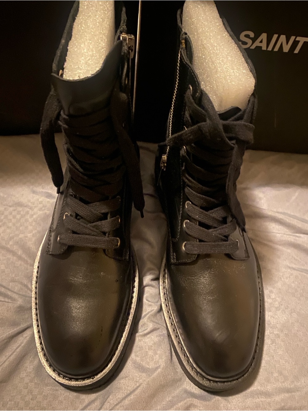Saint Morta Black Leather Lace-Up Combat Boots with Side Zip